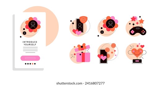 Love and relationships. Online datings and match services. Set of flat icons for apps or infographic elements. Vector file.
