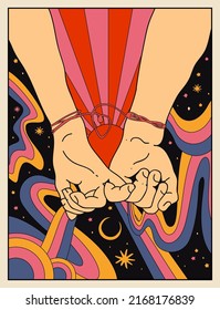 Love relationships retro hippie poster or card design with girlfriend and boyfriend holding hands on abstract vintage hippie background. Vector illustration