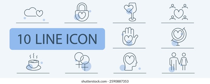 Love and relationships set icon. Cloud heart, love lock, wine date, community, kindness, global love, coffee date, LGBT, empathy, couple.