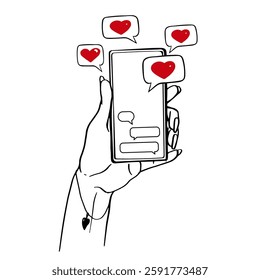 Love relationships through apps, online dating. Hand holding smartphone with messages, emoji. Concept of social networks, virtual relationships.