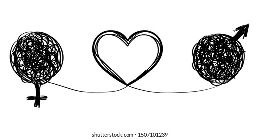 Love and relationships. Vector illustration with symbol of man and woman and their relationship in love. Love and relationships are like solving the problem of being. Psychologist icon.
