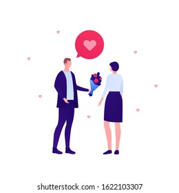 Love relatioship concept. Vector flat person modern illustration. Couple of male and female talking with flower bouquet and talk bubble with heart shape. Design element for valentine holiday banner.