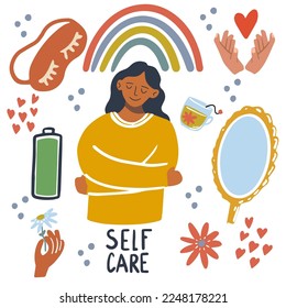 Love, relax, me time, slow life concept. Cute girl or woman hugging herself. Female body health illustration