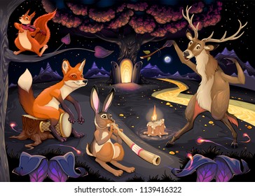 Love remains a mystery. Vector cartoon fantasy illustration with animals playing music in the wood
