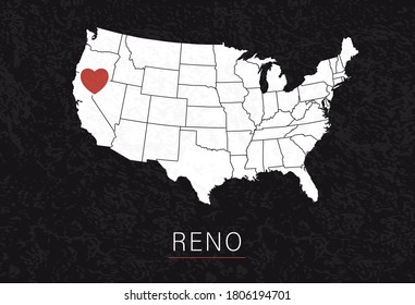 Love Reno Picture. Map of United States with Heart as City Point. Vector Stock Illustration