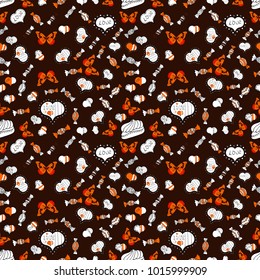Love repeated backdrop for girl, textile, clothes. Sketch heart elements on brown, white and orange colors. Wrapping paper. Seamless love pattern. Valentine':s day. Vector illustration.