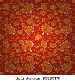 Love repeated backdrop for girl, textile, clothes, wrapping paper. Romantic seamless. Valentine':s day. Sketch heart elements on red, orange and white colors. Vector illustration.