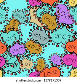Love repeated backdrop for girl, textile, clothes. Wrapping paper. Vector illustration. Sketch heart elements on black, blue and yellow colors. Valentine':s day. Seamless love pattern.