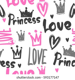 love repeated backdrop with original lettering, crown, hearts. princess wallpaper. cute girlish seamless pattern