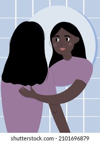 Love and respect for yourself. The concept of self-acceptance. A young woman looks in the mirror, her own reflection embraces her. Hand drawn flat illustration. Self-love, self acceptance concept