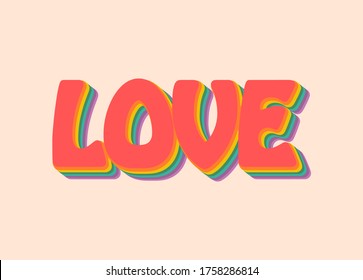 Love retro letters rainbow effect, for romance, fun, or pride month, Vintage word for LGBTQ gay and lesbian pride day, romantic greeting card or sticker vector graphic design illustration.