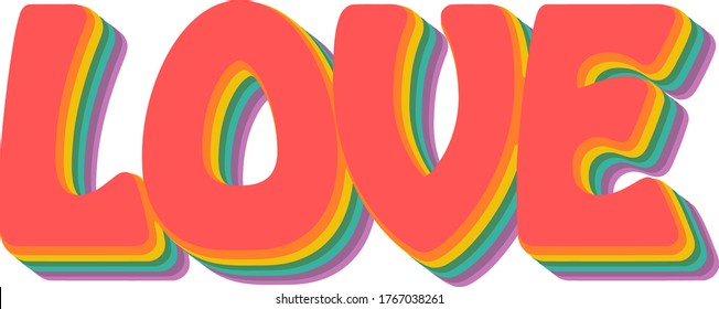 Love retro letters rainbow effect, for romance, fun, or pride month, Vintage word for LGBTQ gay and lesbian pride day, romantic greeting card or sticker vector graphic design illustration.