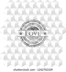 Love retro style grey emblem with geometric cube white background
