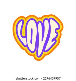 Love retro typography word for t-shirt prints, posters, patch, stickers. Vector illustration in style 60s, 70s. Colorful sticker in heart shape isolated on a white background