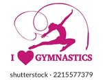 I love rhythmic gymnastics. Young gymnast woman dance with ribbon. Gymnast silhouette. Vector illustration