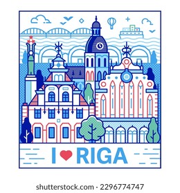 I love Riga travel poster with Old town cityscape and main landmarks. Such as cathedral, merchant Blackhead house, Freedom monument, Central market and Baltic sea. Latvia capital skyline in line art.