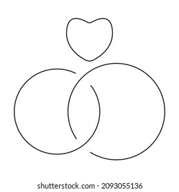 Love Rings Couple Wedding Heart Vector. Black and white. White background. Line drawing.