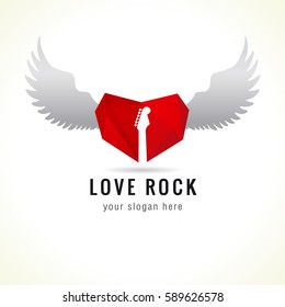 Love rock logo. Red glass heart flying, guitar, wings, brand idea. Musics vector sign. Art events and tours symbol. Rock n roll icon.