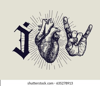 I love rock music - vintage poster with gothic letter and medieval heart etching and sign of horns hand gesture