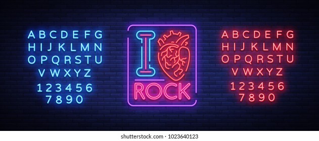 I love rock. Neon sign, bright banner, symbol, poster on the theme of rock n roll music, for a party, concert, festival, musical fest. Vector illustration. Editing text neon sign