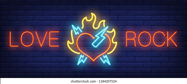 Love, rock neon text with heart on fire and lightning. Rock music and advertisement design. Night bright neon sign, colorful billboard, light banner. Vector illustration in neon style.