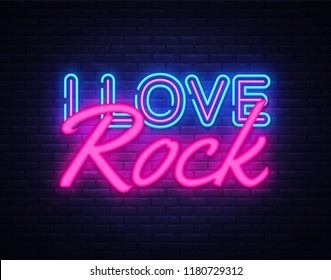 I Love Rock Neon Text Vector. Rock Music neon sign, design template, modern trend design, night neon signboard, night bright advertising, light banner, light art. Vector illustration