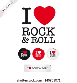 i love rock and roll, font type with signs, stickers and tags. Ideal for print poster, card, shirt, mug.