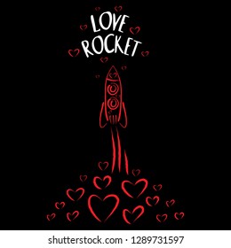 Love Rocket launch. Valentine greeting card illustration.