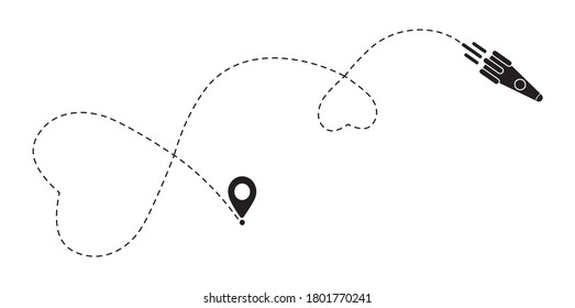 Love rocket route. Romantic travel, heart dashed line trace and cosmos routes. Heart shuttle path, flight air dotted love valentine day drawing isolated vector illustration