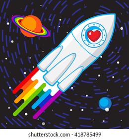 Cubo de amor. Trayecto espacial blanco con corazón rojo en la ventana y pista de motor de color arcoiris. Ilustración del vector