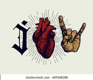 love rock'n'roll print - medieval style real heart and hand sign of horns grunge print