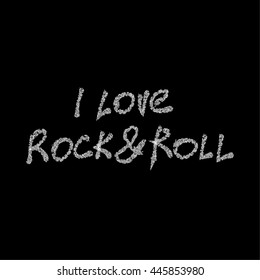 I LOVE ROCK&ROLL hand written text lettering on black background. Vector design element.