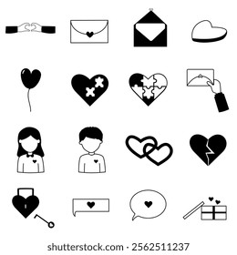 love romance black and white icon set. heart icon. couple icon