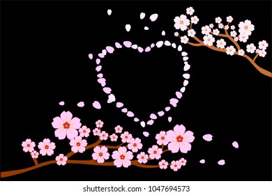 Love romance concept. Full bloom cherry blossoms and petals in heart shape on black. Pink Sakura flowers on brown branches. Use as greeting / invitation card, graphic design. Vector illustration. 
