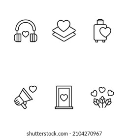 Love and romance concept. Vector symbols in modern flat style. Heart line icon set including icons of heart inside of headphones and door and heart by papers, baggage, loud speaker 