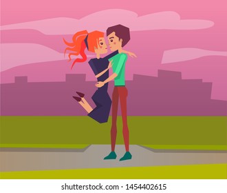 Love and romance, couple on date hugging at sunset vector. Dawn, man and woman, relationship and dating, cityscape or view, boyfriend and girlfriend