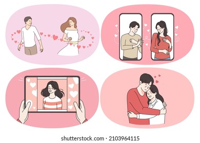 Love romance and dating concept. Set of young happy couples feeling in love dating online hugging during meeting and chatting in internet vector illustration 