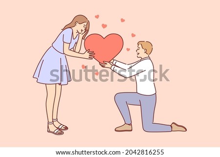 Love, romance and dating concept. Young happy smiling loving Man and woman connecting halves of big red heart feeling in love vector illustration 