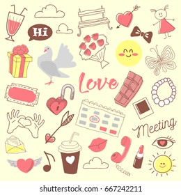 Love Romance Hand Drawn Doodle with Hearts, Lipstick and Romantic Elements. Vector illustration
