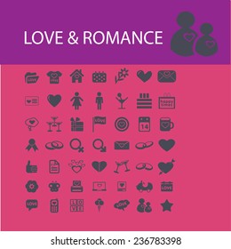 love, romance, heart, wedding icons, signs set, vector
