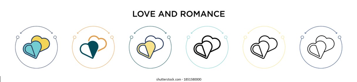 Love and romance icon in filled, thin line, outline and stroke style. Vector illustration of two colored and black love and romance vector icons designs can be used for mobile, ui, web