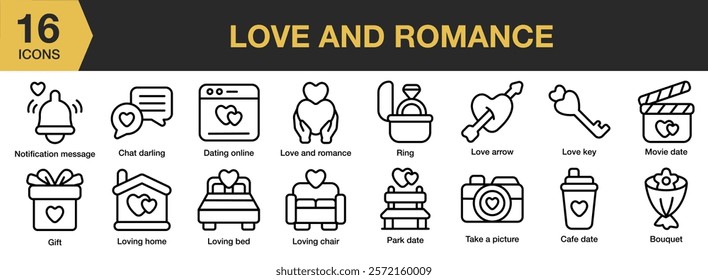 Love And Romance icon set. Includes love, romance, romantic, valentine, heart, couple, and More. Outline icons vector collection.