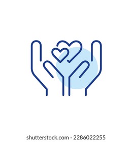 Love and romance icon. Two loving hearts in hands. Pixel perfect, editable stroke line icon