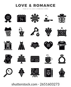 Lote de ícones de amor e romance. Ícones de estilo de glifo. Ilustração vetorial.