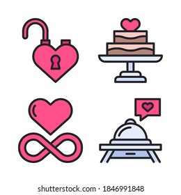 Love & Romance Icons Set (Filled Line) = unlock love, wedding cake, infinity love, dinner tray . Perfect for website, app icons, mobile app, presentation, illustration and any other projects.