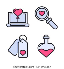 Love & Romance Icons Set (Filled Line) = laptop, search love, label, flask Perfect for website, app icons, mobile app, presentation, illustration and any other projects.