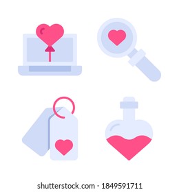 Love & Romance Icons Set = laptop, search love, label, flask Perfect for website, app icons, mobile app, presentation, illustration and any other projects.
