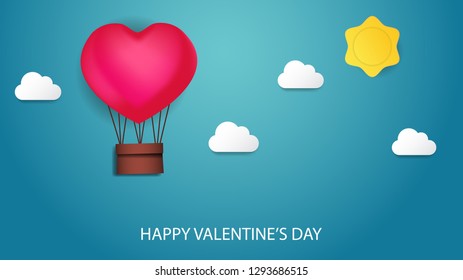 Love romance illustration for valentine's day event. Banner event greeting card template. beautiful air balloon Hearth with clouds shape origami paper craft style