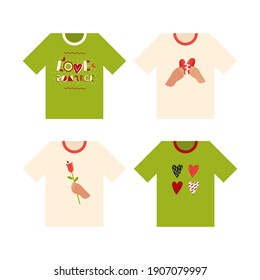 Love Romance Lettering. Broken Heart. Hand Hold Flower. Heart Kinds. Modern Flat vector Illustrations on T-Shirt. Social Media Ads.