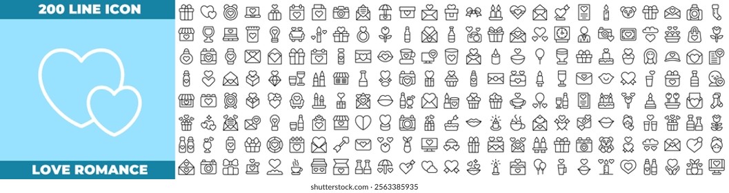 Love Romance Line Editable Icons set. Vector illustration in modern thin line style of love romance icons: ring, wedding, valentine, etc